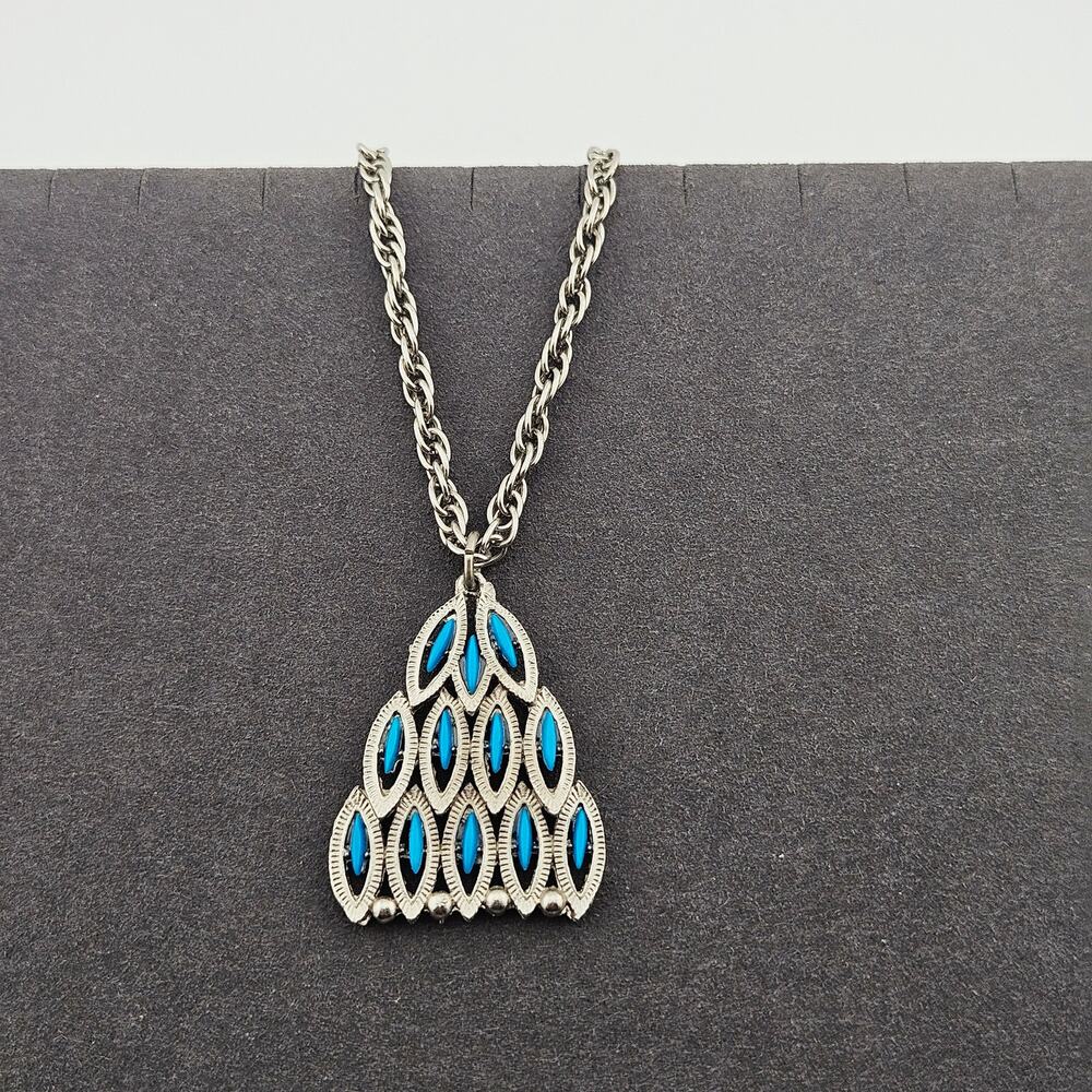 Silver Tone Chandelier Stack Turquoise Color Pendant Necklace Southwestern Boho